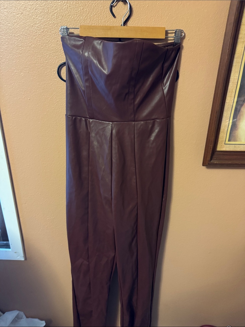 Strapless Faux Leather Jumpsuit in Dark Brown